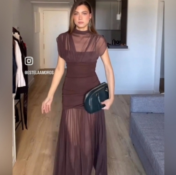 Zara Brown Draped Maxi Dress with Sheer Skirt - Picture 10 of 16